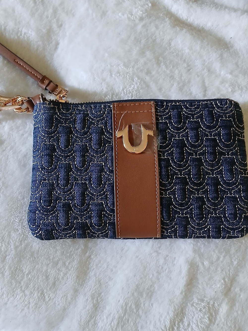 True Religion Navy Denim QUILTED Wristlet + Brown Leather Accent [NEW]
